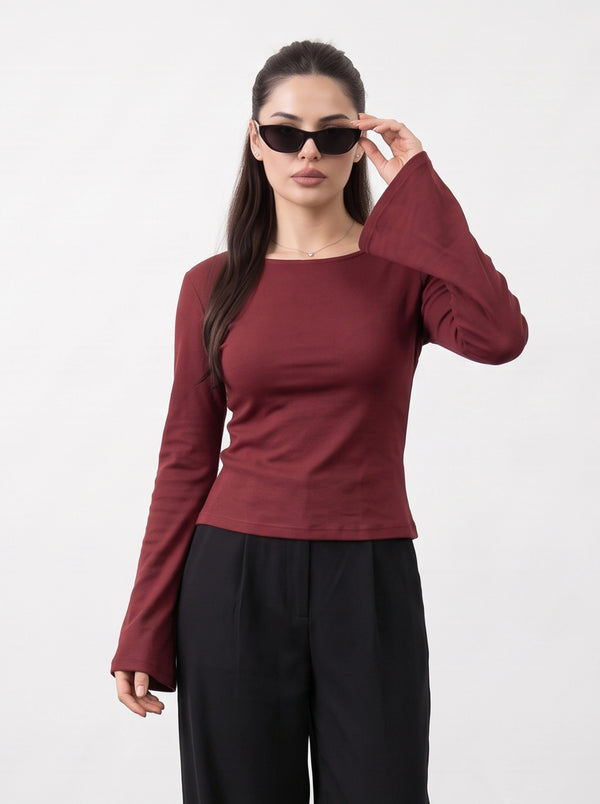 Wine Broad Neck Flare Sleeves Top | Montivo Pakistan
