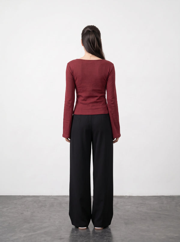 Wine Broad Neck Flare Sleeves Top | Montivo Pakistan
