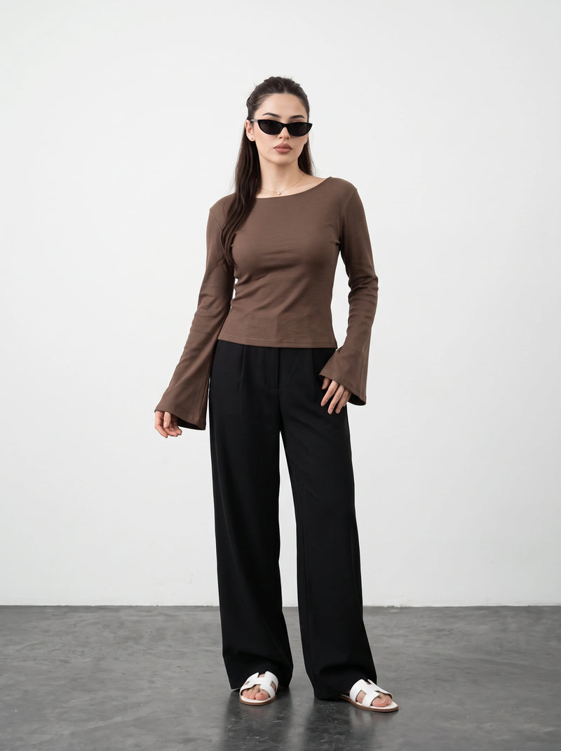 Coffee Broad Neck Flare Sleeves Top | Montivo Pakistan