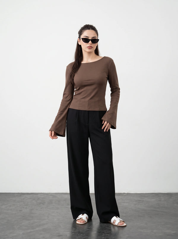 Coffee Broad Neck Flare Sleeves Top