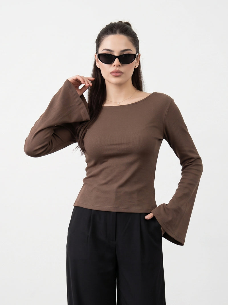 Coffee Broad Neck Flare Sleeves Top
