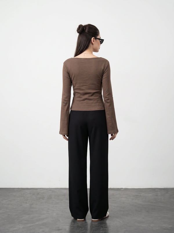 Coffee Broad Neck Flare Sleeves Top