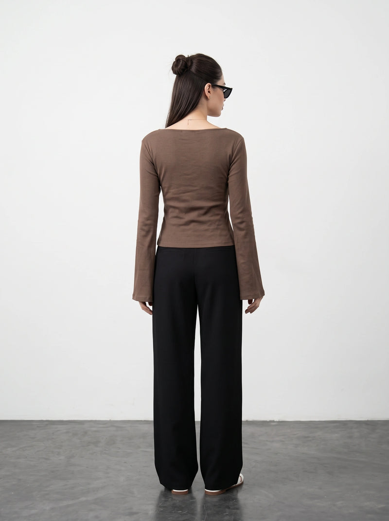 Coffee Broad Neck Flare Sleeves Top