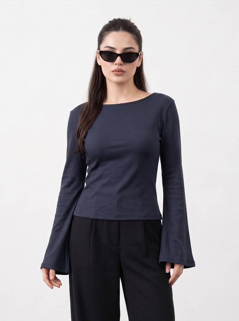 Navy Blue Broad Neck Flare Sleeves Top