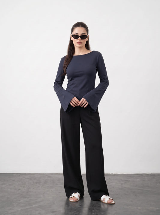 Navy Blue Broad Neck Flare Sleeves Top