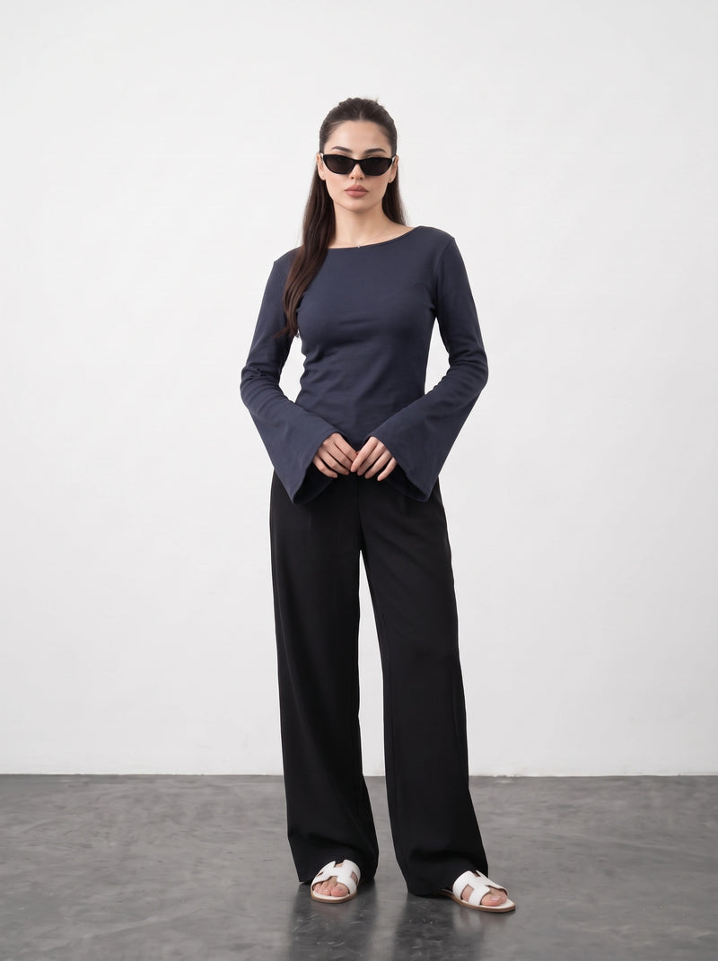 Navy Blue Broad Neck Flare Sleeves Top