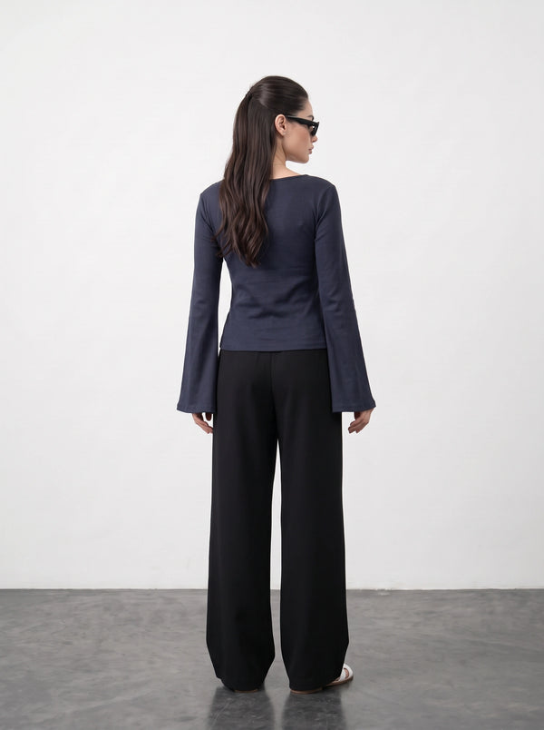 Navy Blue Broad Neck Flare Sleeves Top