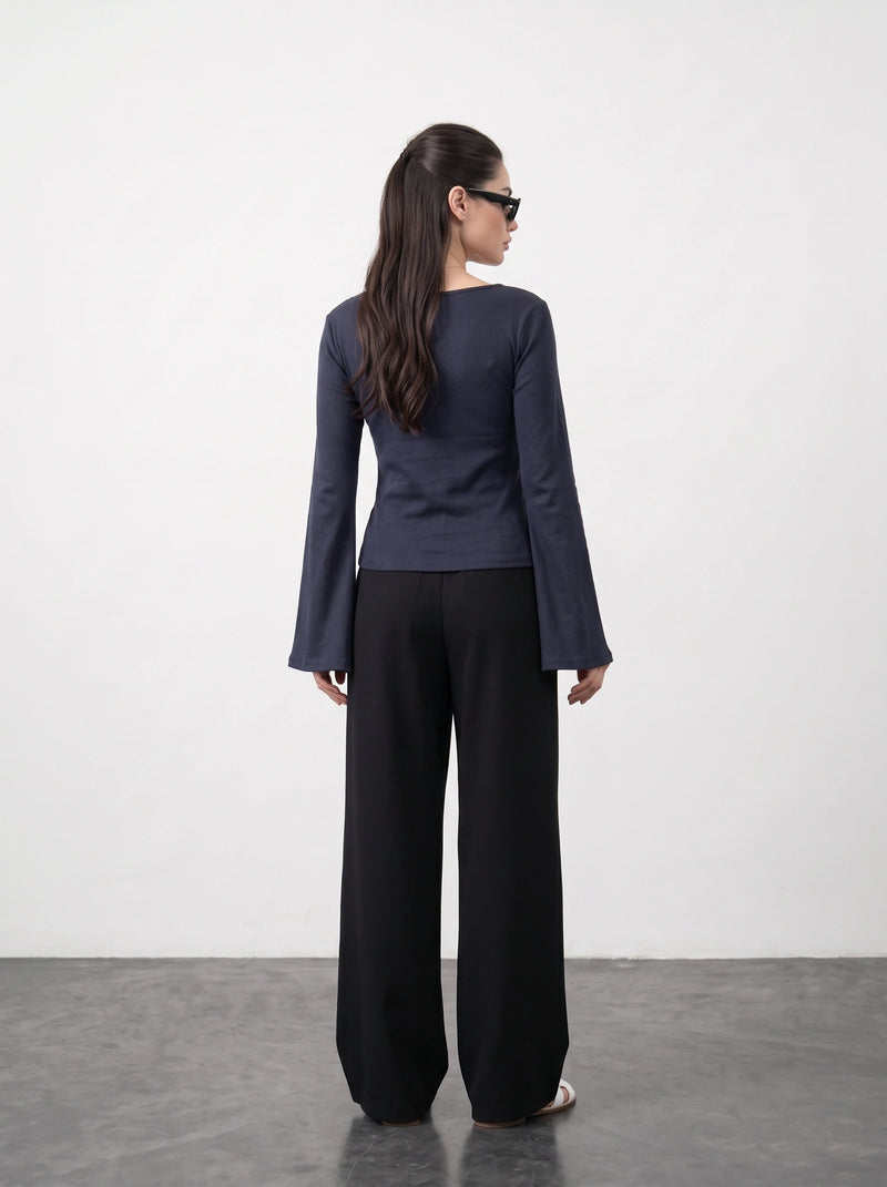 Navy Blue Broad Neck Flare Sleeves Top