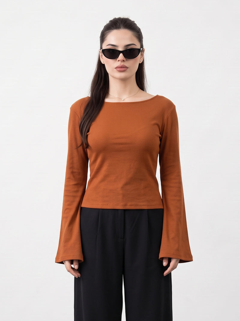 Rust Broad Neck Flare Sleeves Top