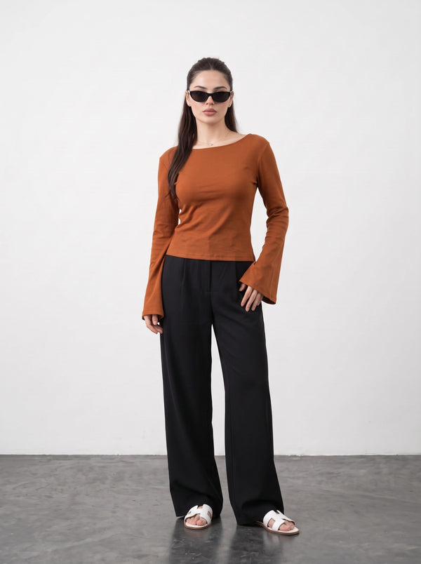 Rust Broad Neck Flare Sleeves Top