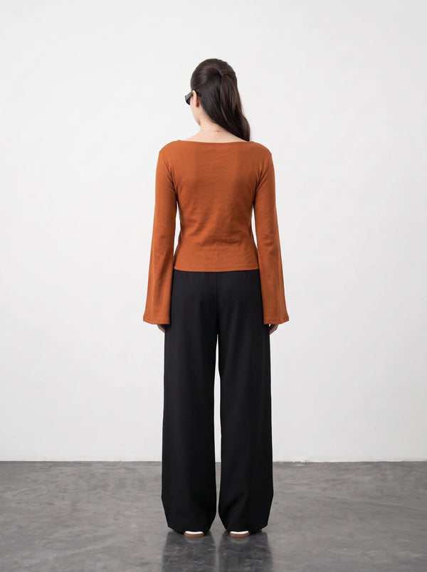 Rust Broad Neck Flare Sleeves Top