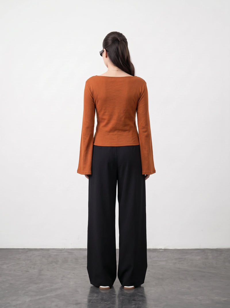 Rust Broad Neck Flare Sleeves Top