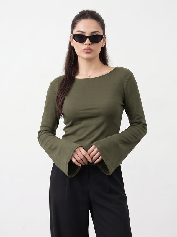 Green Broad Neck Flare Sleeves Top