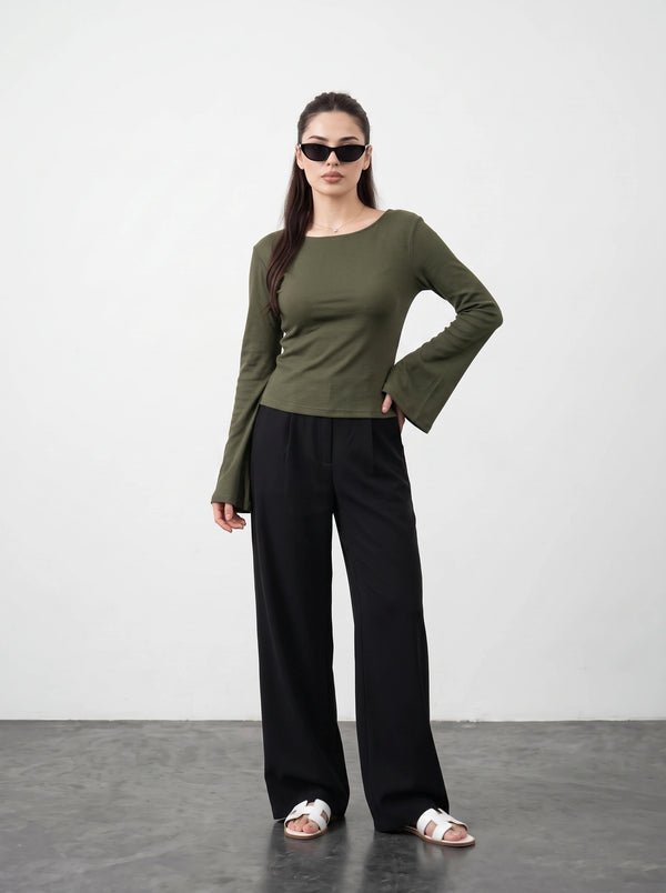 Green Broad Neck Flare Sleeves Top