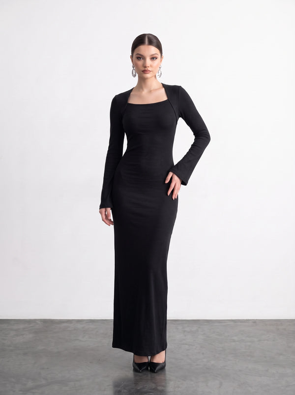 Black Swan Neck Ribbed Dress | Montivo Pakistan