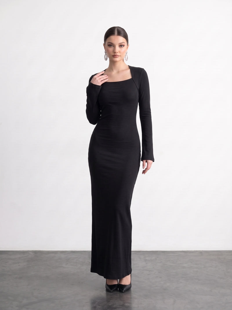 Black Swan Neck Ribbed Dress | Montivo Pakistan