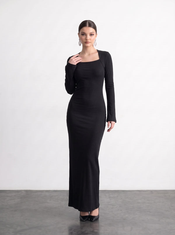 Black Swan Neck Ribbed Dress | Montivo Pakistan