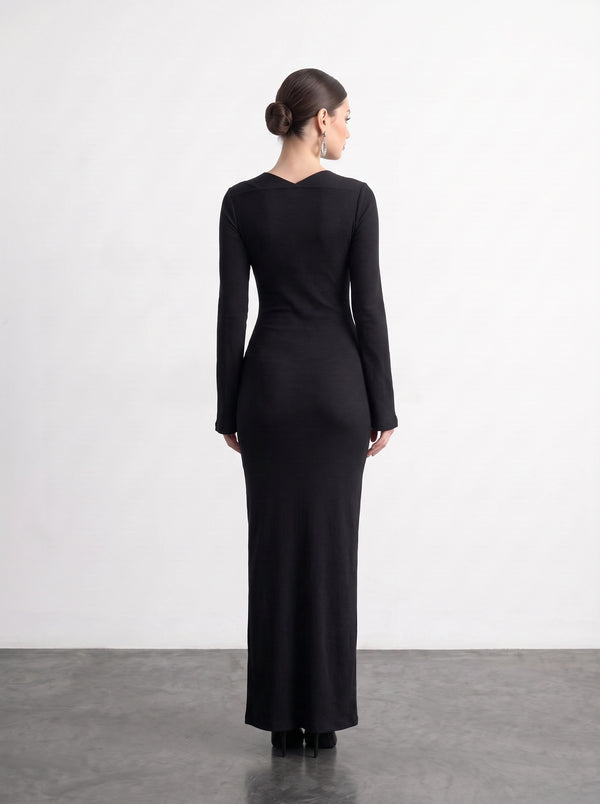 Black Swan Neck Ribbed Dress | Montivo Pakistan