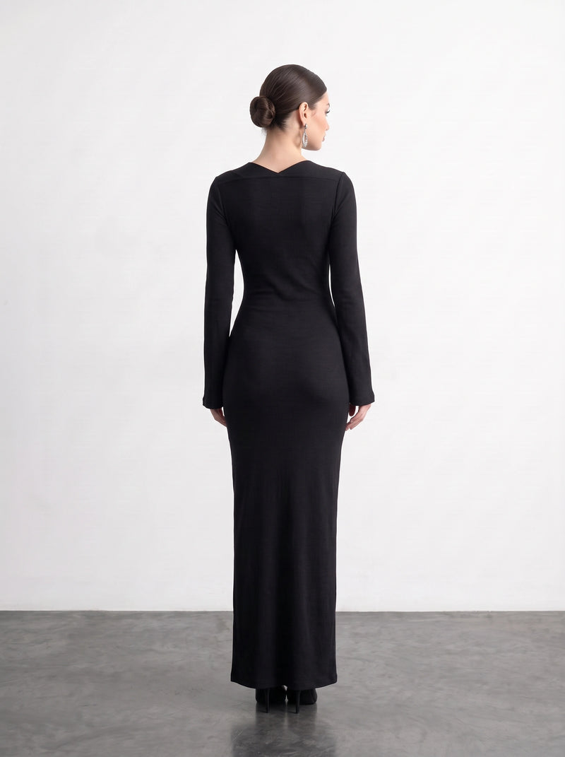 Black Swan Neck Ribbed Dress | Montivo Pakistan