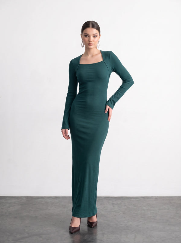 Teal Swan Neck Ribbed Dress | Montivo Pakistan