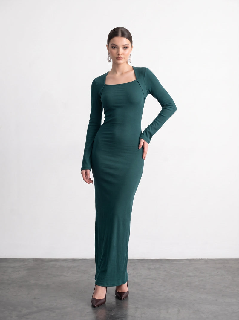 Teal Swan Neck Ribbed Dress | Montivo Pakistan