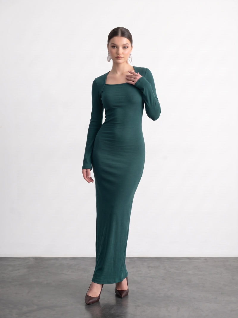Teal Swan Neck Ribbed Dress | Montivo Pakistan