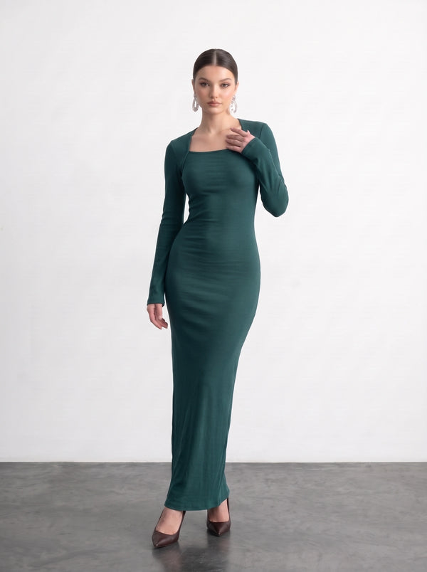 Teal Swan Neck Ribbed Dress | Montivo Pakistan