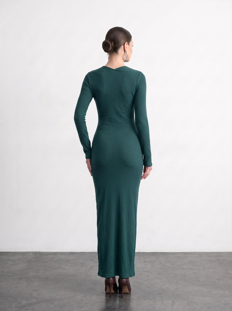 Teal Swan Neck Ribbed Dress | Montivo Pakistan