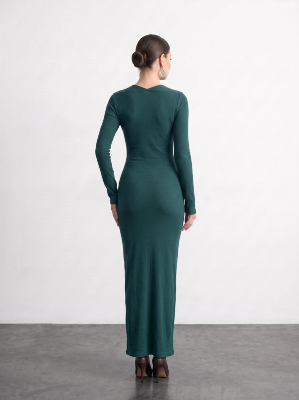 Teal Swan Neck Ribbed Dress | Montivo Pakistan