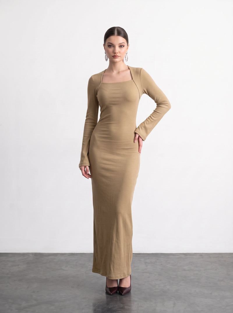 Beige Swan Neck Ribbed Dress | Montivo Pakistan