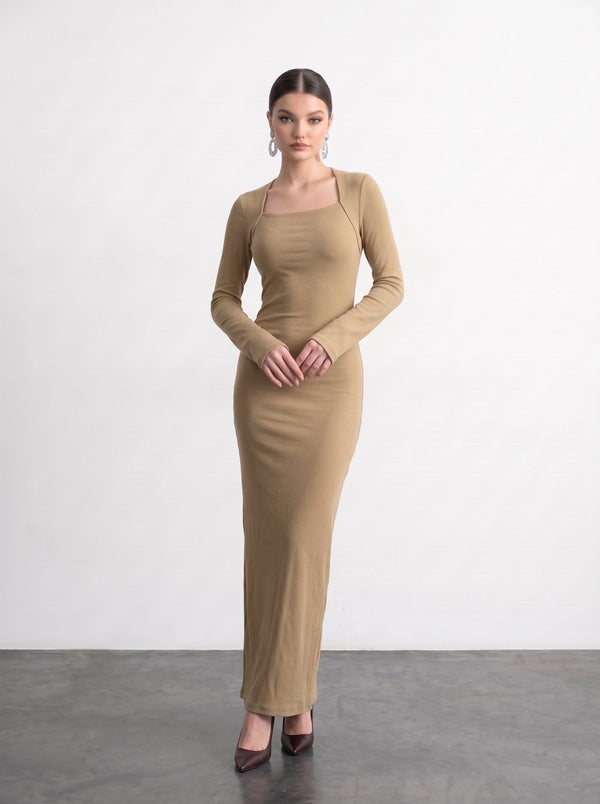 Beige Swan Neck Ribbed Dress | Montivo Pakistan