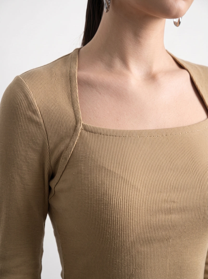 Beige Swan Neck Ribbed Dress | Montivo Pakistan