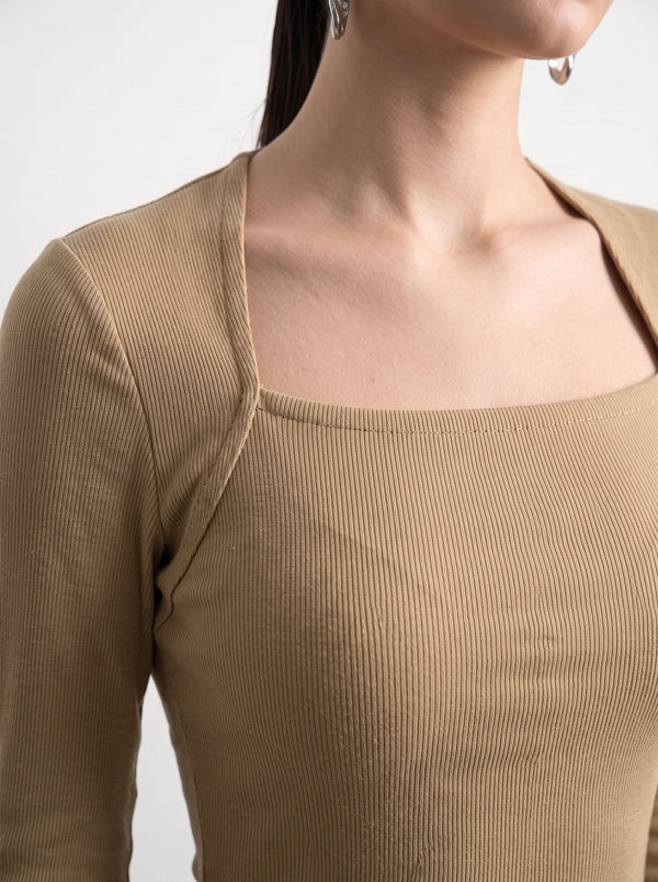 Beige Swan Neck Ribbed Dress | Montivo Pakistan
