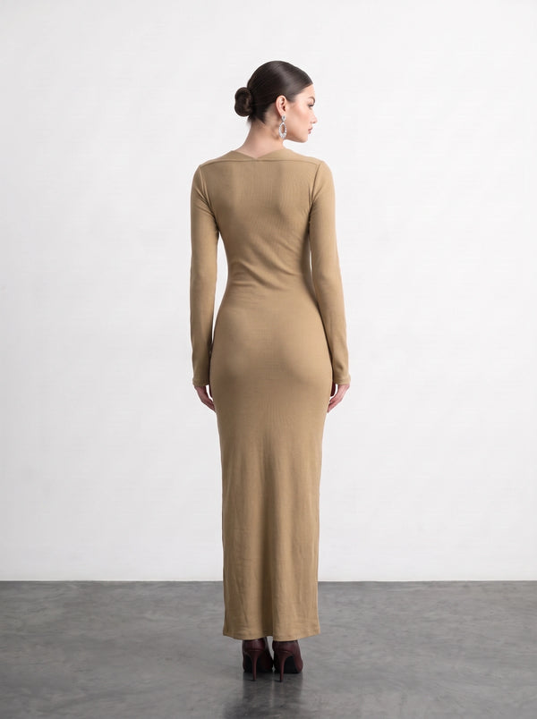 Beige Swan Neck Ribbed Dress | Montivo Pakistan