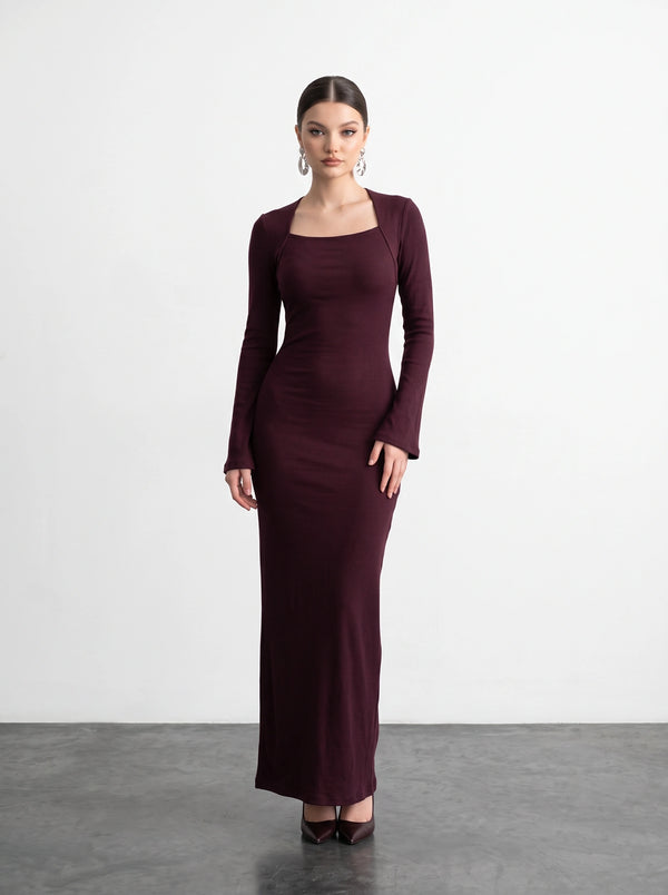 Burgundy Swan Neck Ribbed Dress