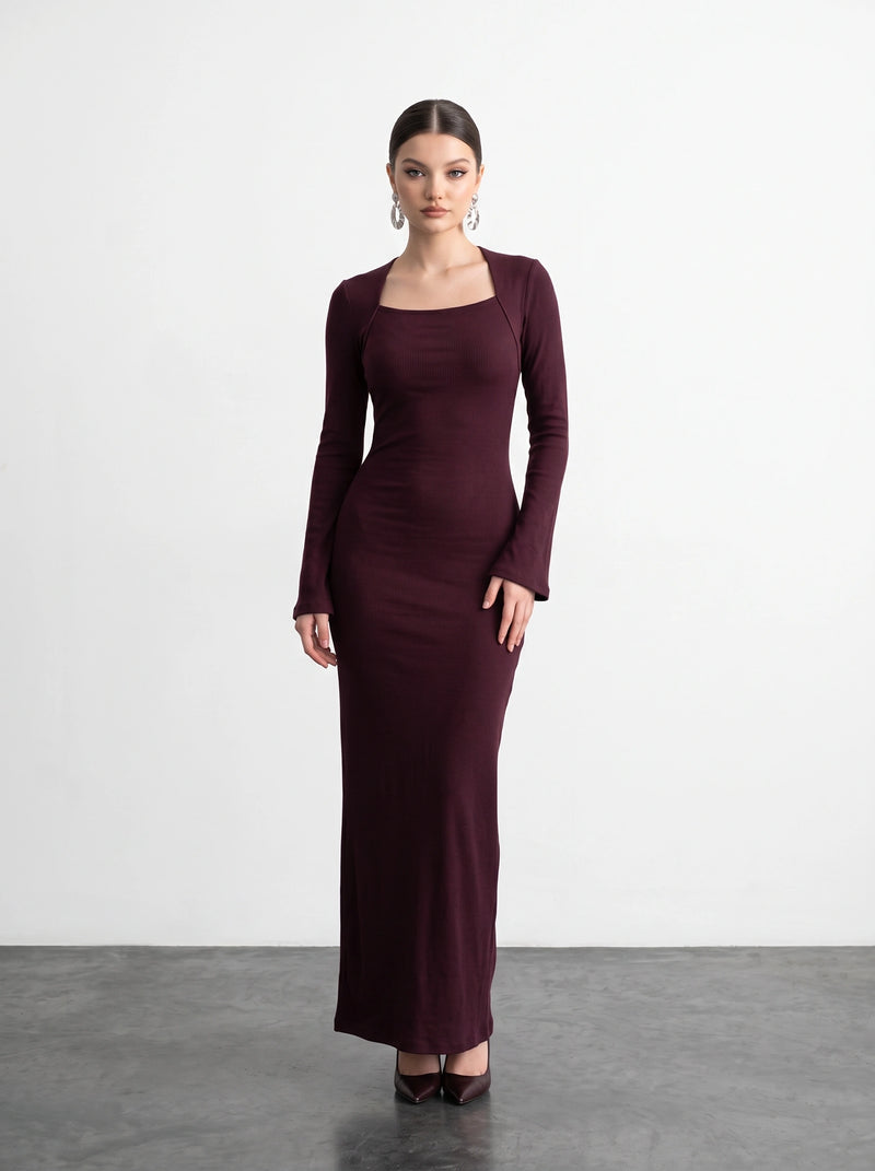 Burgundy Swan Neck Ribbed Dress