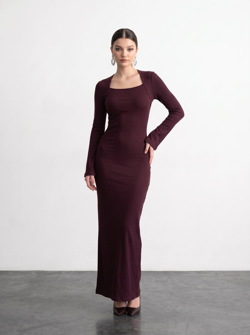 Burgundy Swan Neck Ribbed Dress