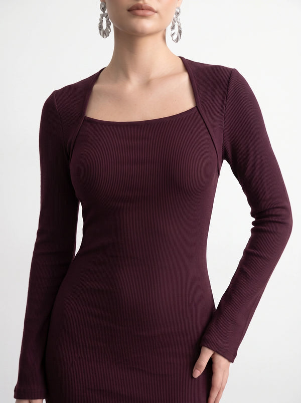 Burgundy Swan Neck Ribbed Dress