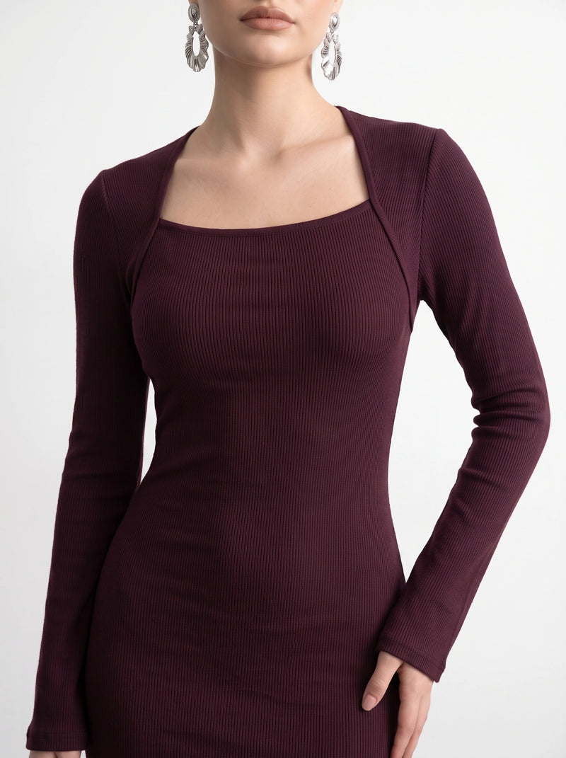 Burgundy Swan Neck Ribbed Dress
