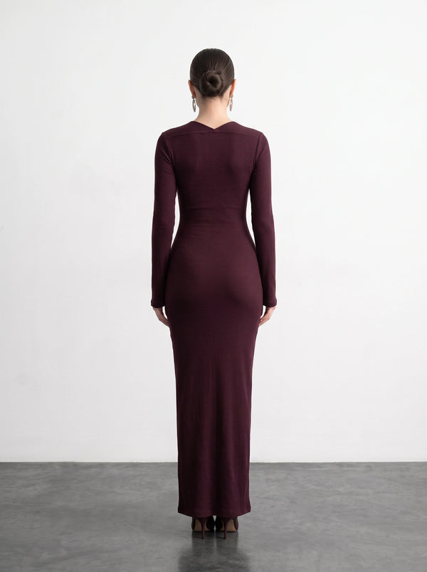 Burgundy Swan Neck Ribbed Dress