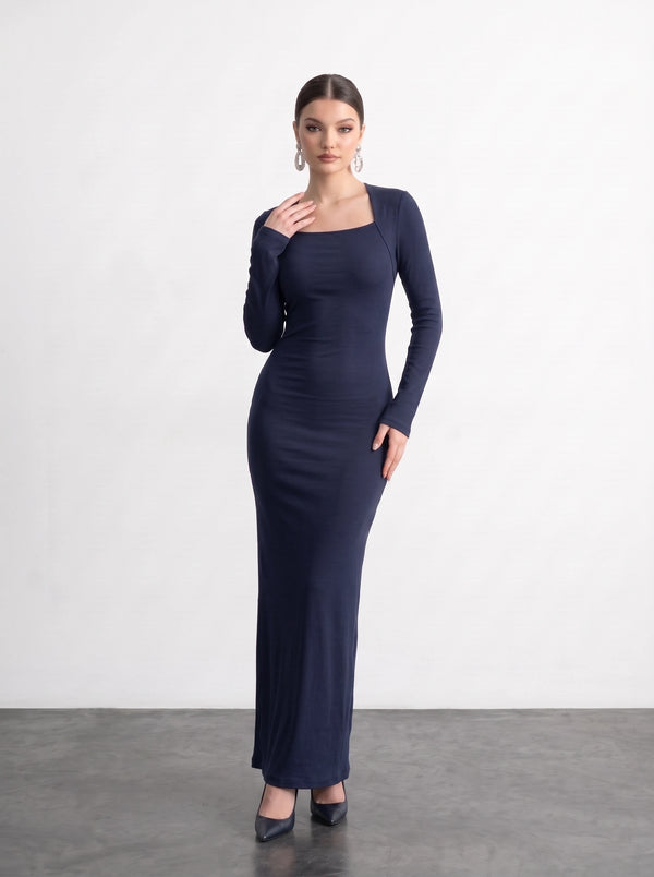 Blue Swan Neck Ribbed Dress