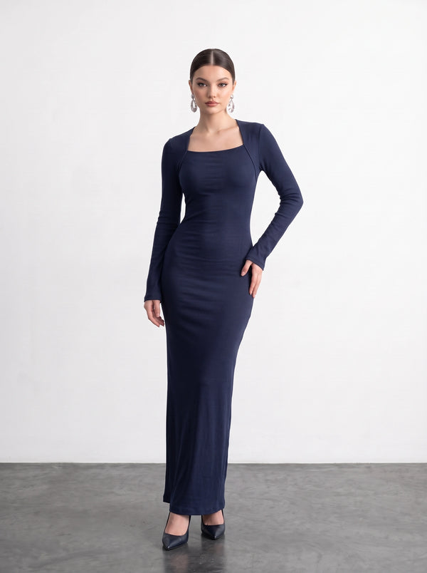 Blue Swan Neck Ribbed Dress