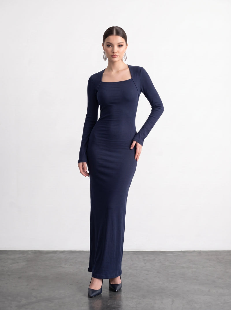 Blue Swan Neck Ribbed Dress