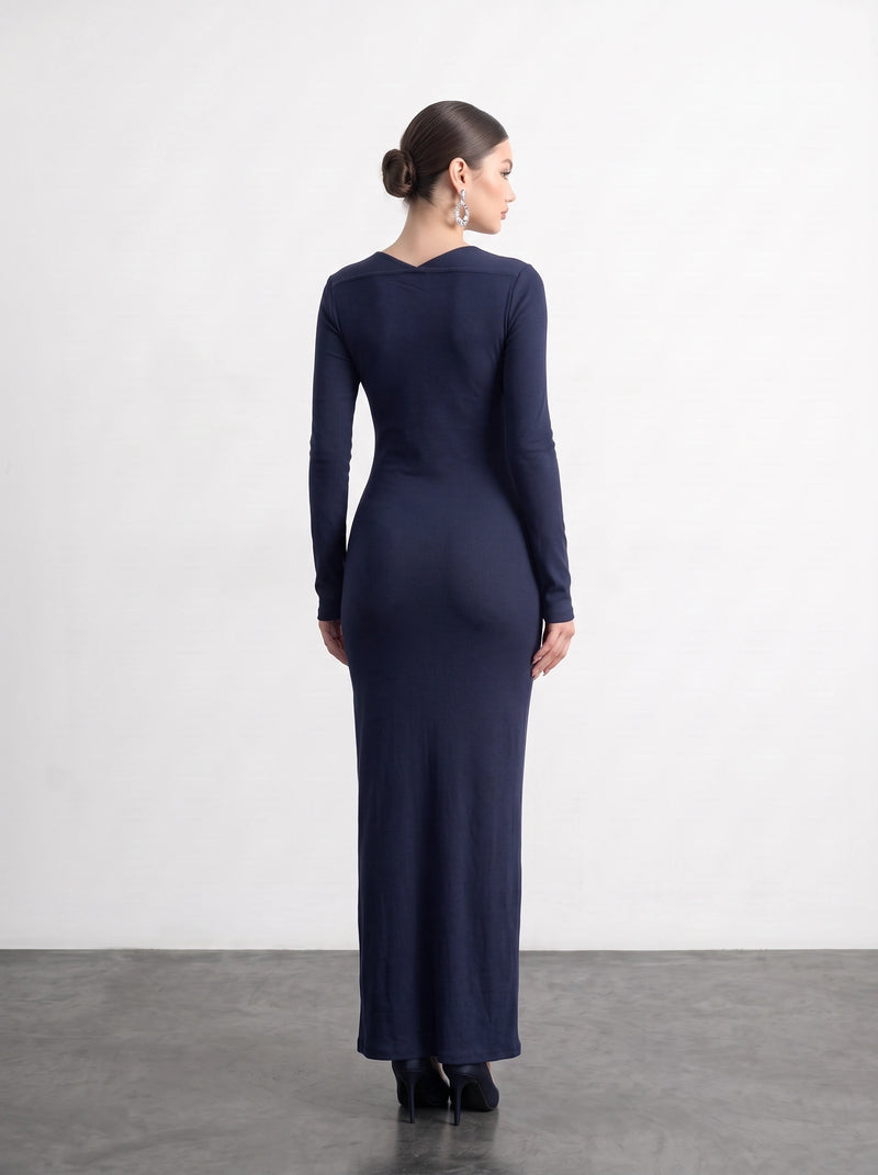 Blue Swan Neck Ribbed Dress | Montivo Pakistan