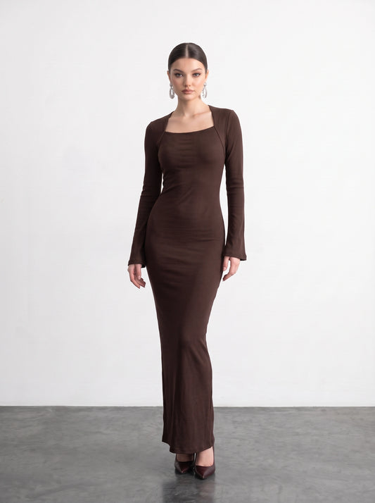 Brown Swan Neck Ribbed Dress
