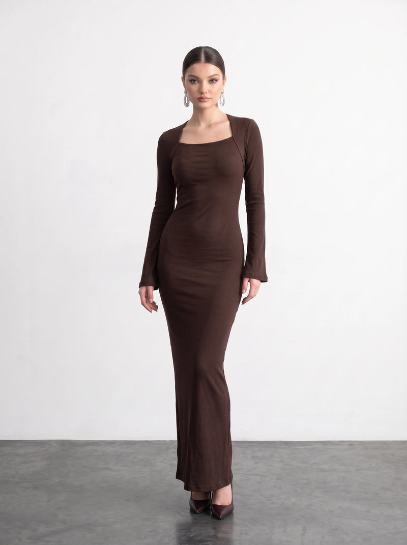 Brown Swan Neck Ribbed Dress