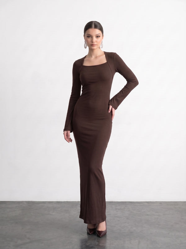 Brown Swan Neck Ribbed Dress