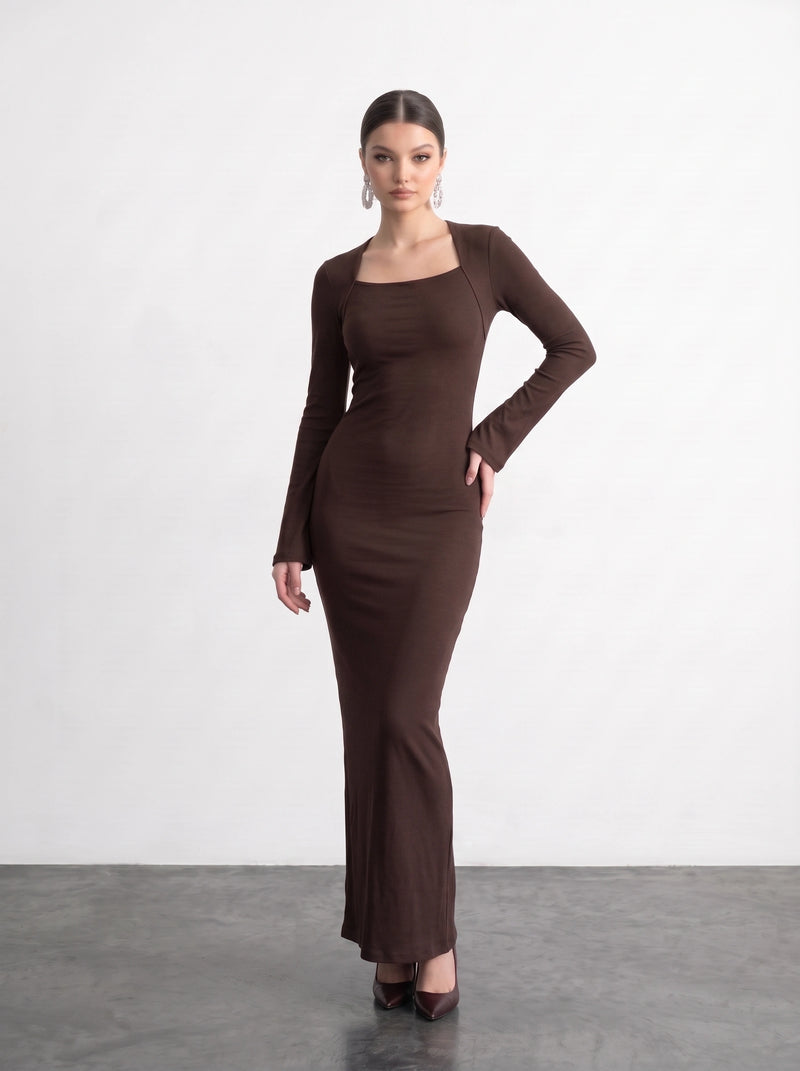 Brown Swan Neck Ribbed Dress