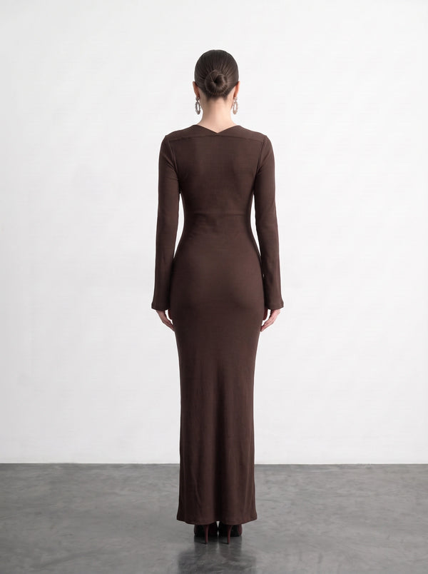 Brown Swan Neck Ribbed Dress