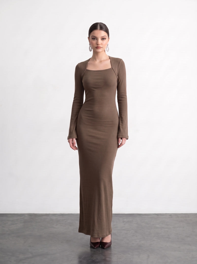 Coffee Swan Neck Ribbed Dress | Montivo Pakistan